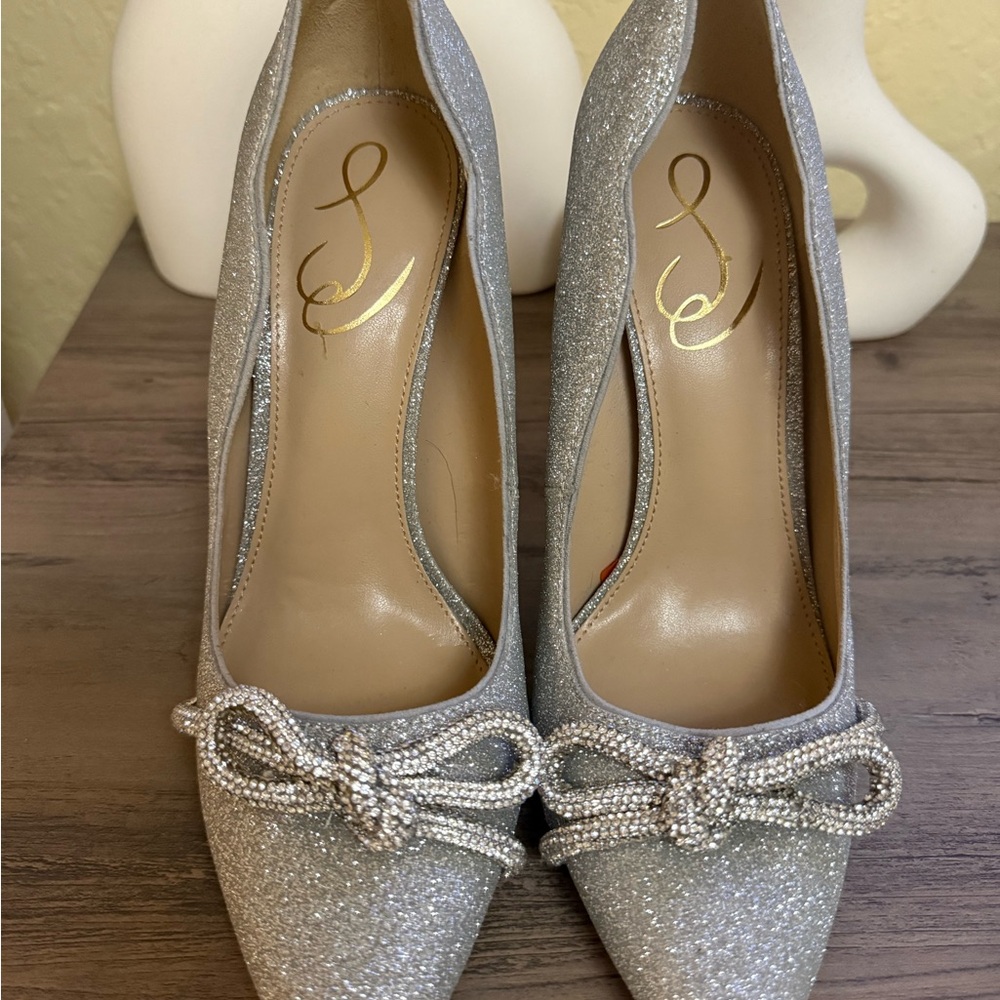 Sam Edelman Elegant Silver Glitter Women's Heels with Bow size 8